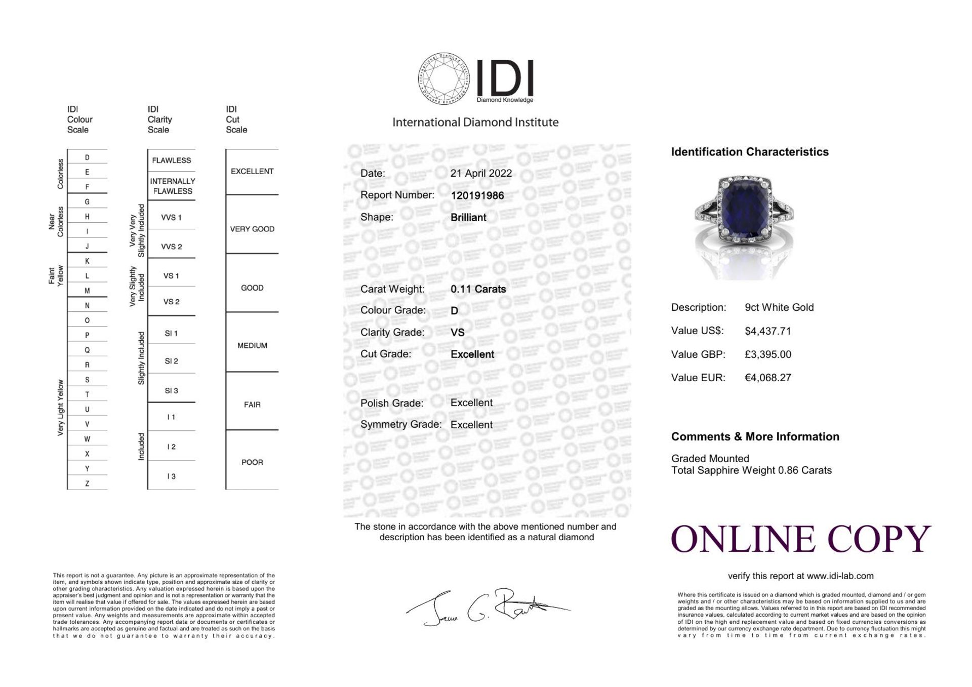 9ct White Gold Cushion Cluster Diamond And Created Ceylon Sapphire Ring - Valued By IDI £3,395. - Image 10 of 10