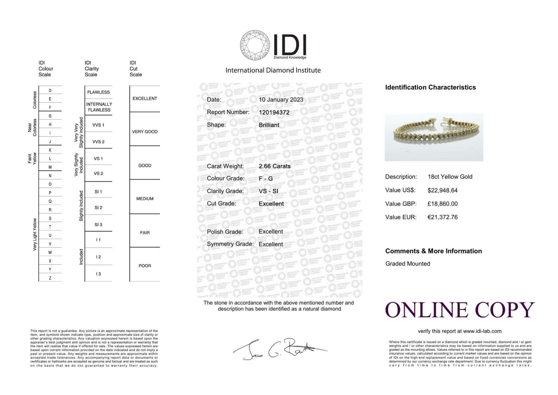 18ct Yellow Gold Tennis Diamond Bracelet 2.66 Carats - Valued By IDI £18,860.00 - Sixty five round - Image 5 of 5