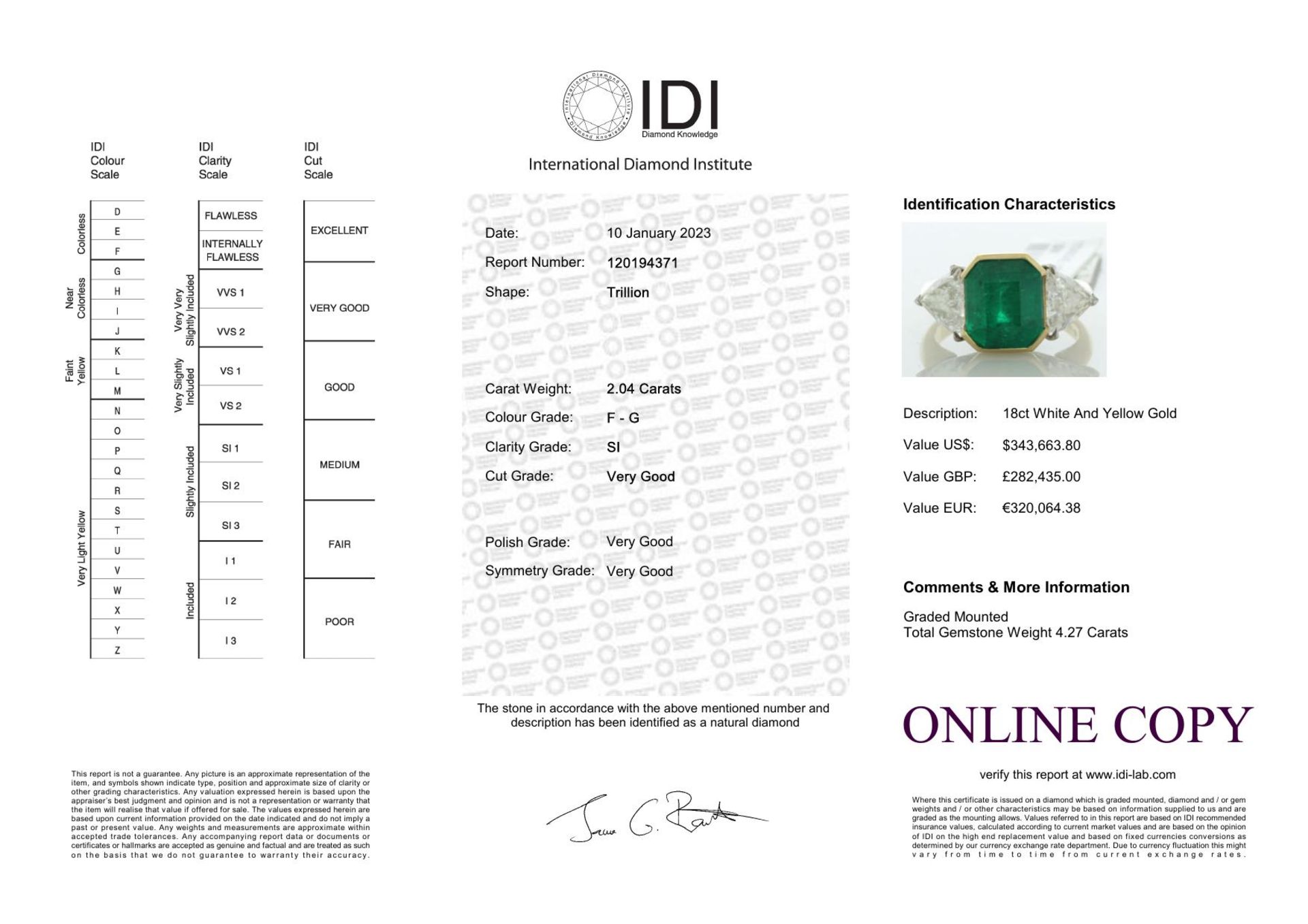 18ct Yellow Gold Three Stone Diamond And Emerald Ring (E4.27) 2.04 Carats - Valued By IDI £282,435. - Image 2 of 2