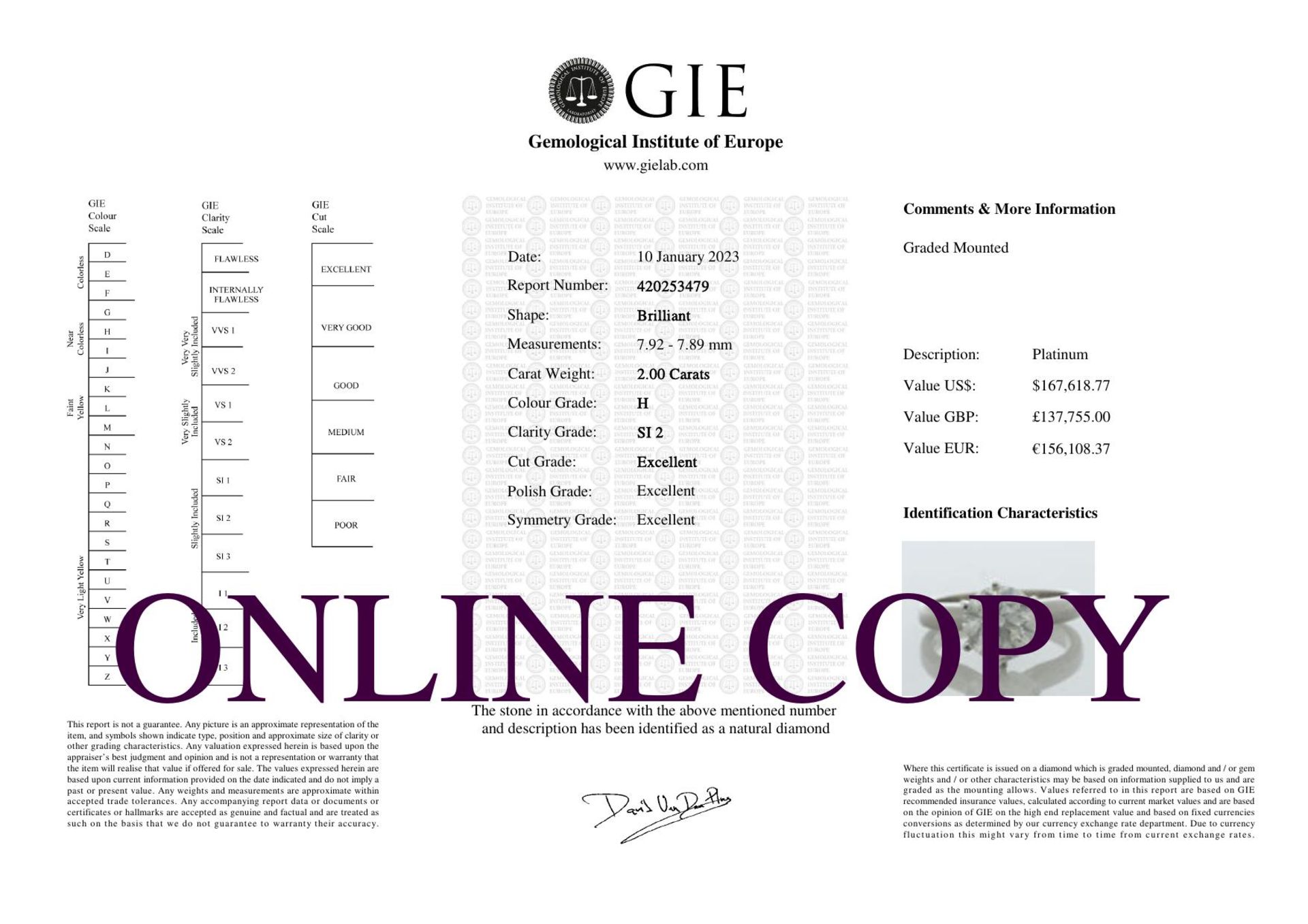 Platinum Single Stone Diamond Ring 2.00 Carats - Valued By GIE £137,755.00 - A stunning 2.00 carat - Image 4 of 4