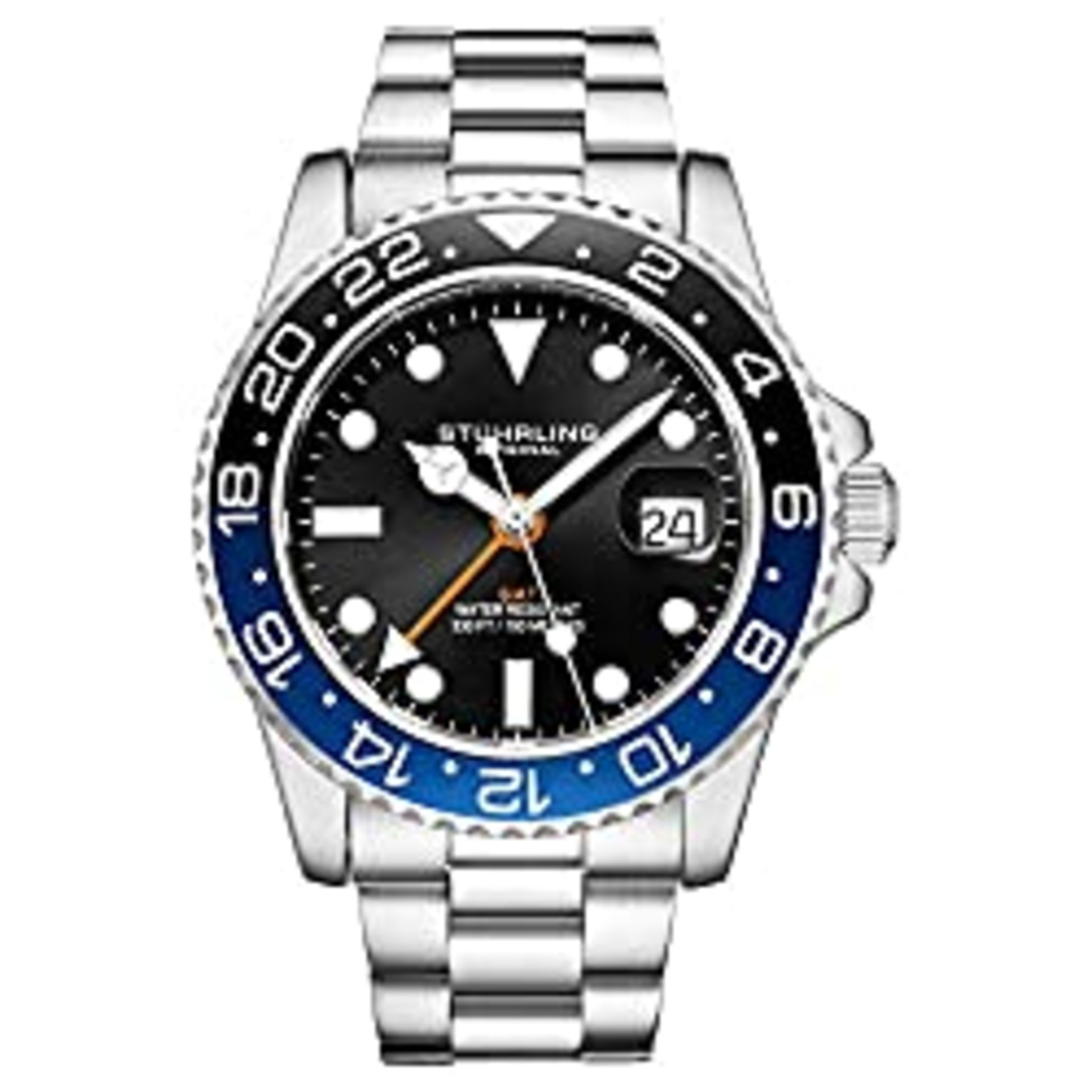 RRP £74.92 STUHRLING Original Mens Stainless Steel Triple Row Bracelet GMT Watch