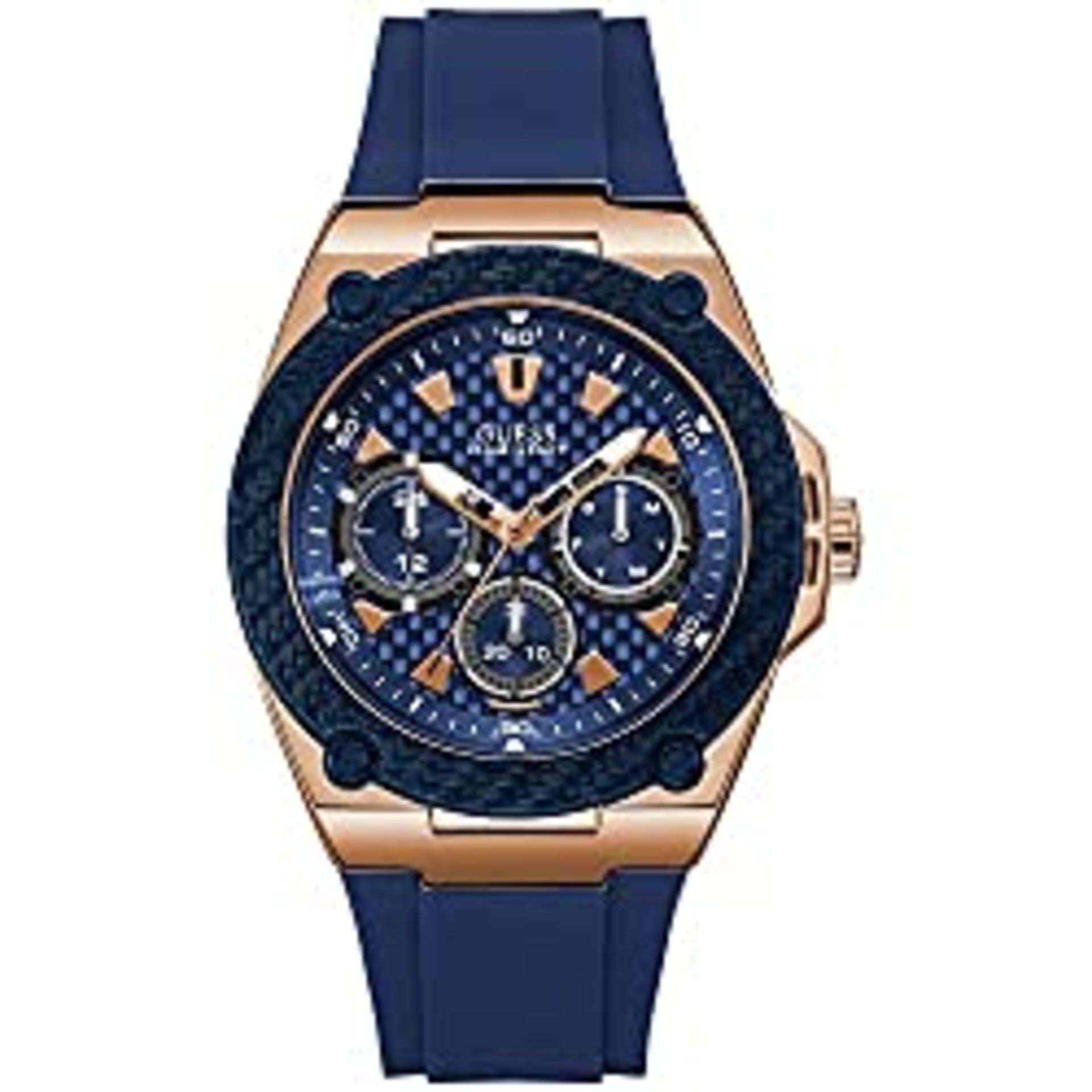 RRP £131.36 GUESS Men's Legacy 45mm Blue Silicone Band Steel Case Quartz Watch W1049G2