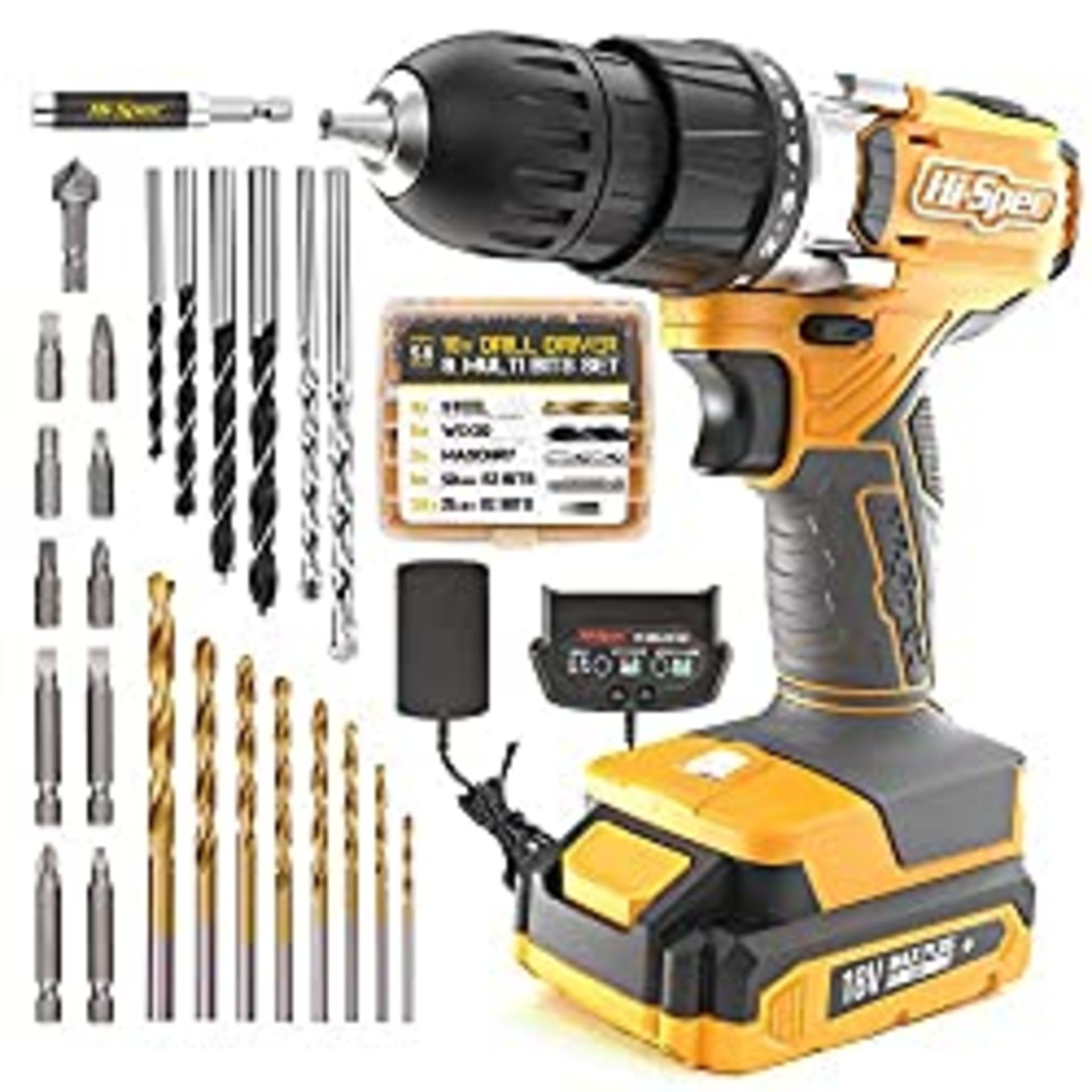 RRP £50.99 Hi-Spec 58pc Yellow 18V Cordless Power Drill Driver