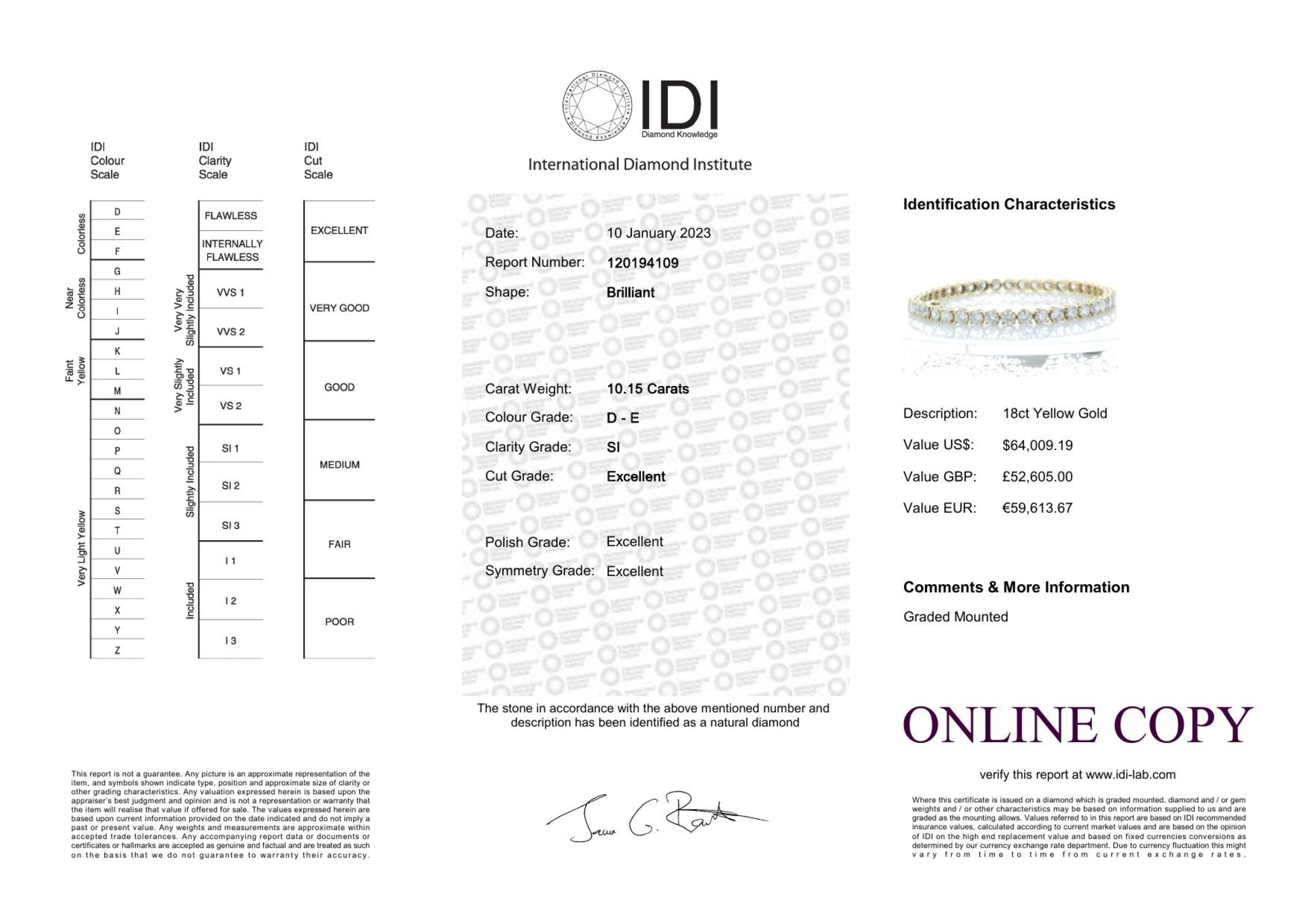18ct Yellow Gold Tennis Diamond Bracelet 10.15 Carats - Valued By IDI £52,605.00 - Forty one - Image 5 of 5
