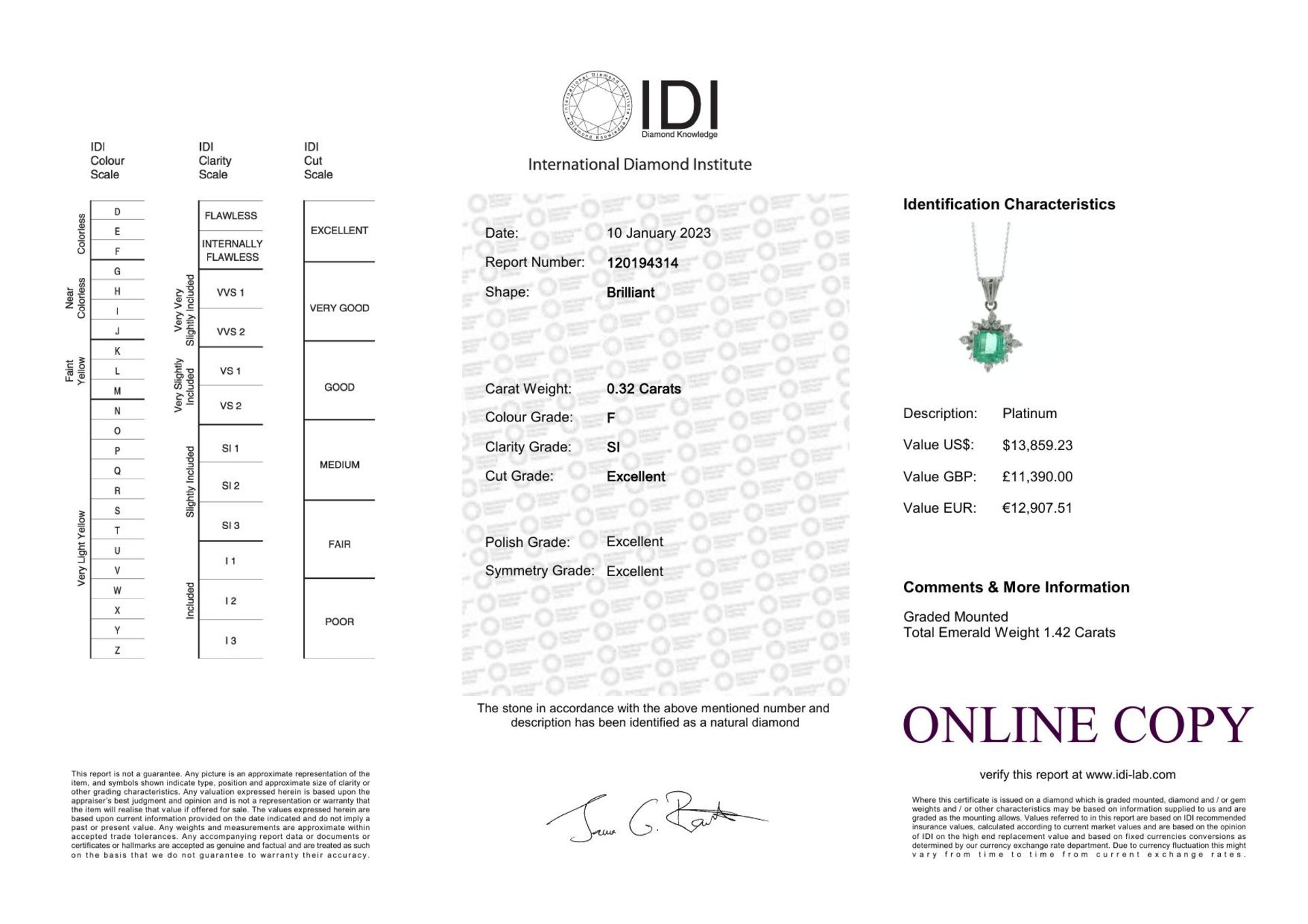 Platinum Emerald Cluster Diamond And Emerald Pendant (E1.42) 0.32 Carats - Valued By IDI £11,390. - Image 4 of 4