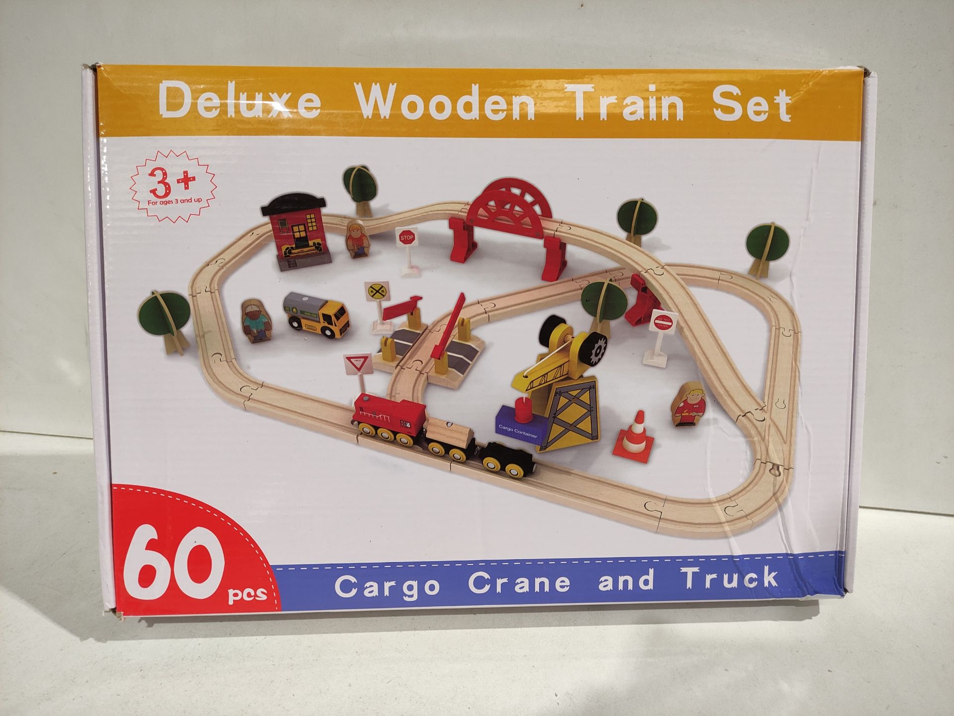 RRP £39.66 Wooden Train Set-60Pcs- Wooden Tracks & Exclusive Crane & Trains-Fits Thomas - Image 2 of 2