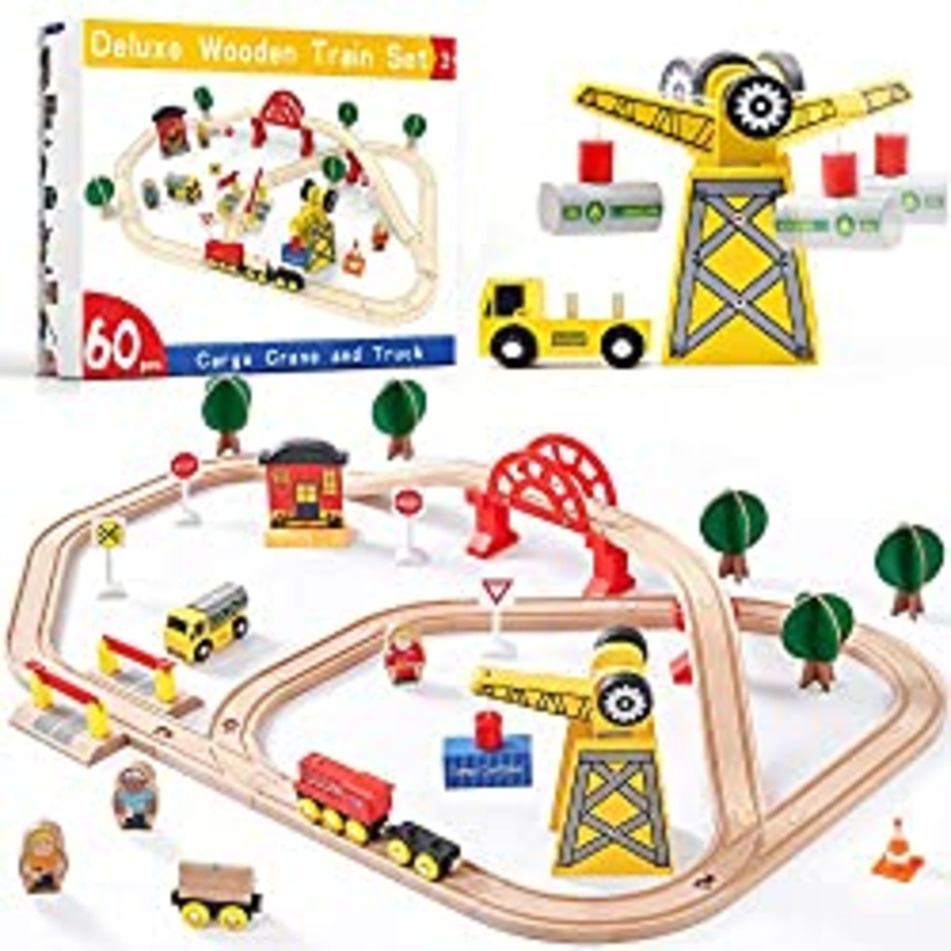 RRP £39.66 Wooden Train Set-60Pcs- Wooden Tracks & Exclusive Crane & Trains-Fits Thomas