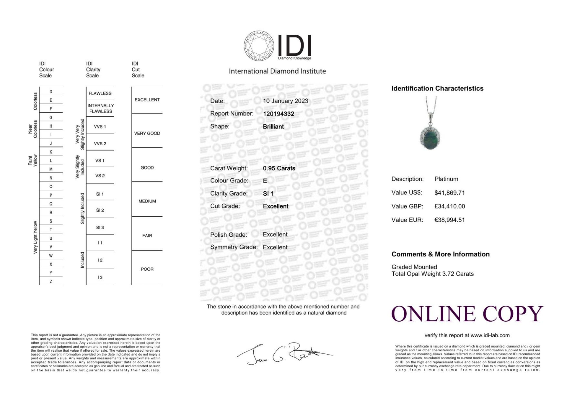 Platinum Oval Cluster Diamond And Opal Pendant (O3.72) 0.95 Carats - Valued By IDI £34,410.00 - An - Image 4 of 4