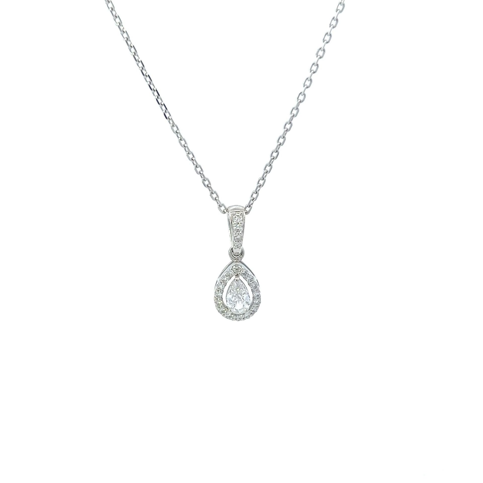 RRP-£4250.00 18K WHITE GOLD PENDENT AND CHAIN, PENDENT SET WITH ON PEAR AND ROUND CUT NATURAL DIAMON