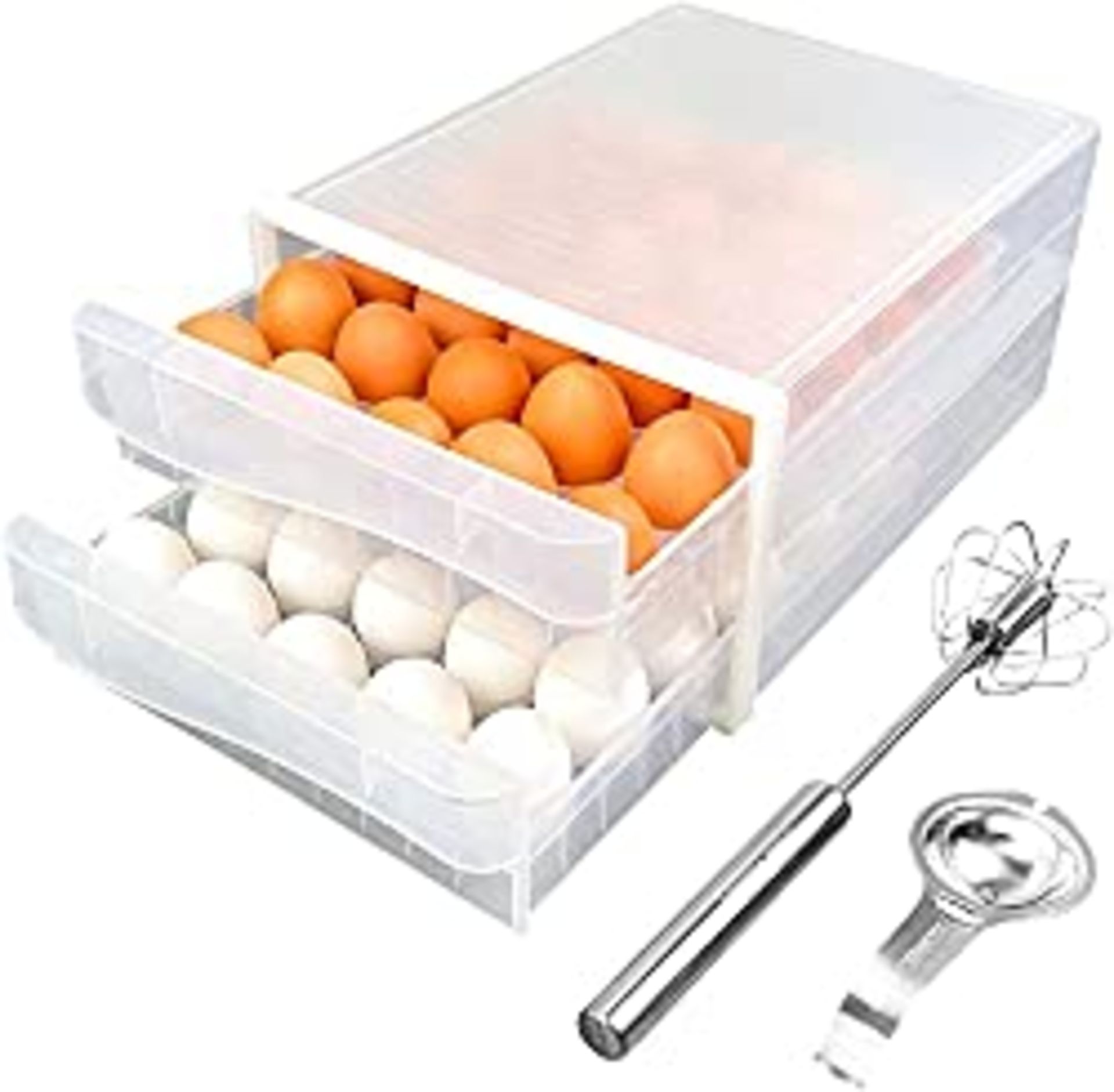 RRP £13.40 BRAND NEW STOCK Egg Drawer(2 Tier) for Fridge Kitchen Semi-transparent With Whisk