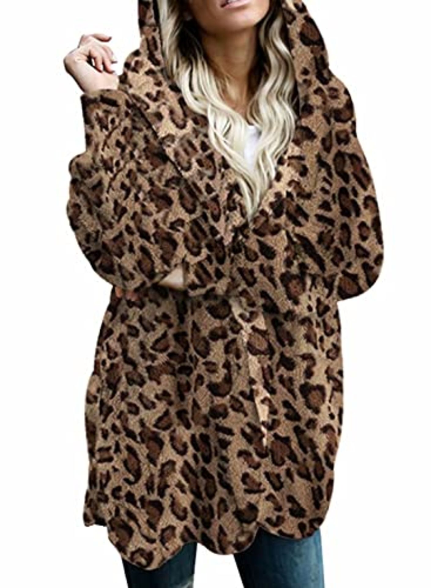 RRP £28.46 BLENCOT Women Leopard Coat Chunky Faux Fur Cardigan