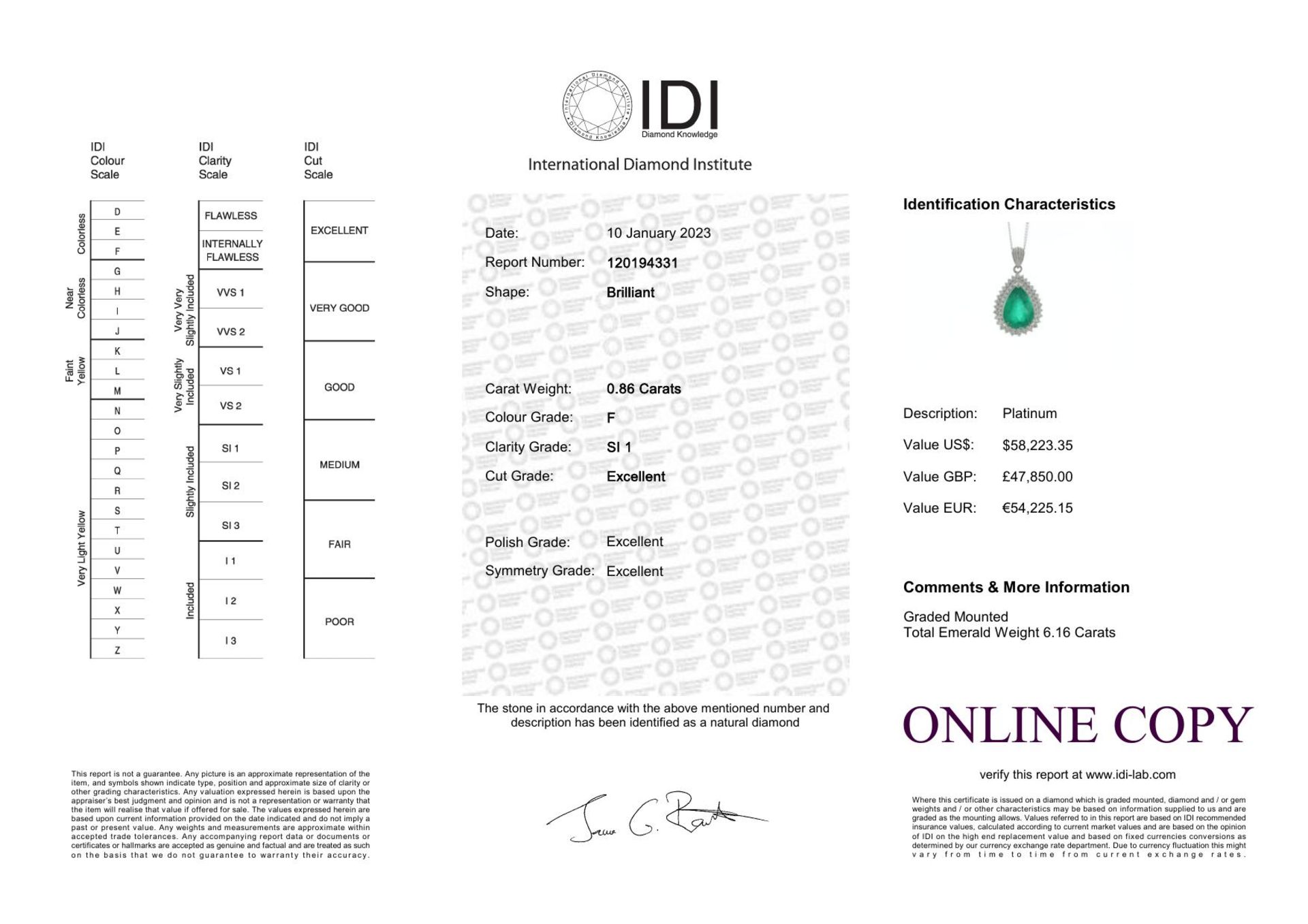 Platinum Pear Cluster Diamond And Emerald Pendant (E6.16) 0.86 Carats - Valued By IDI £47,850.00 - A - Image 5 of 5