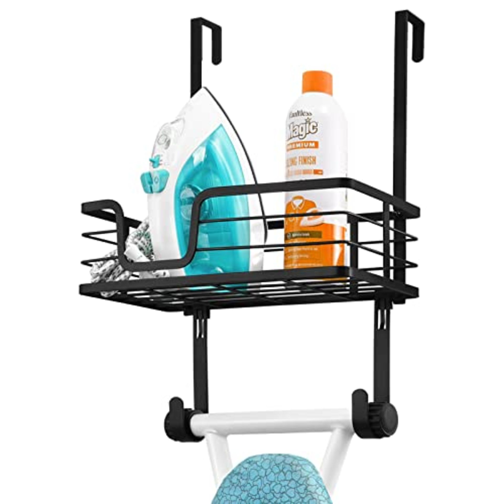 RRP £27.90 KES Ironing Board Hanger with Metal Basket and Adjustable Hooks