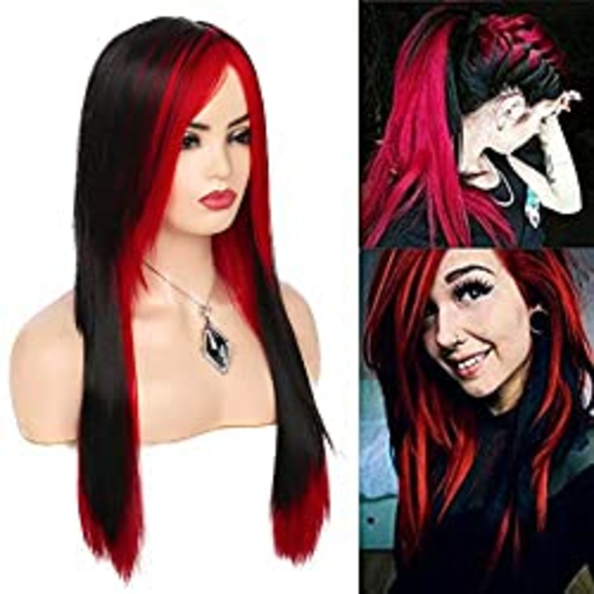 RRP £26.79 Red Black Wig Long Straight Synthetic Hair Wigs for