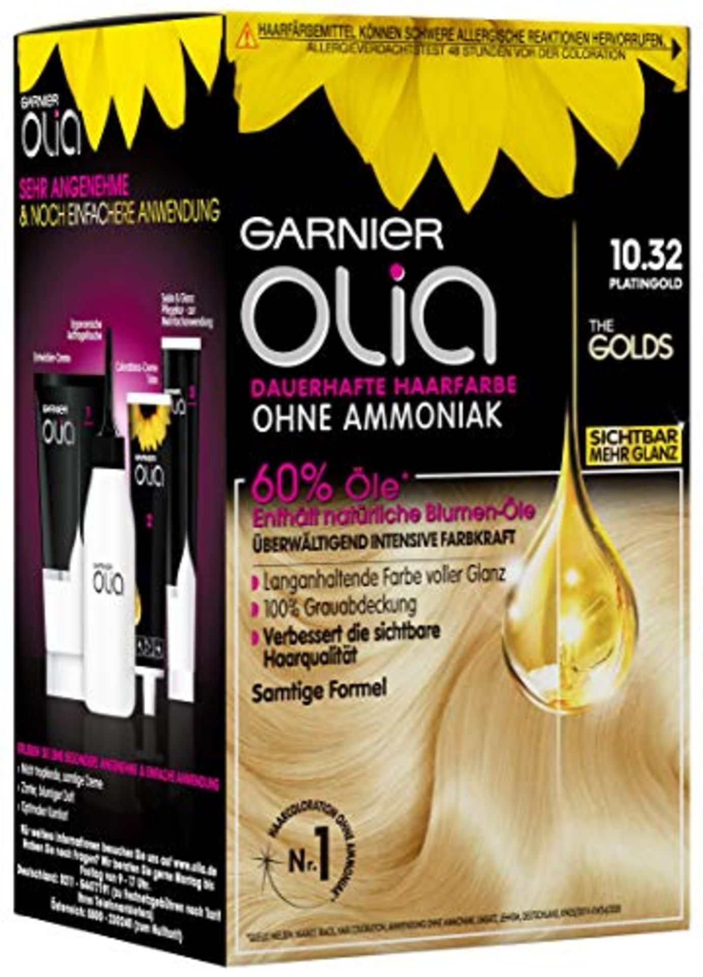 RRP £13.39 Garnier Olia Gold 10.32 Platinum Gold Permanent Hair Colour Pack of 3 x 271 g