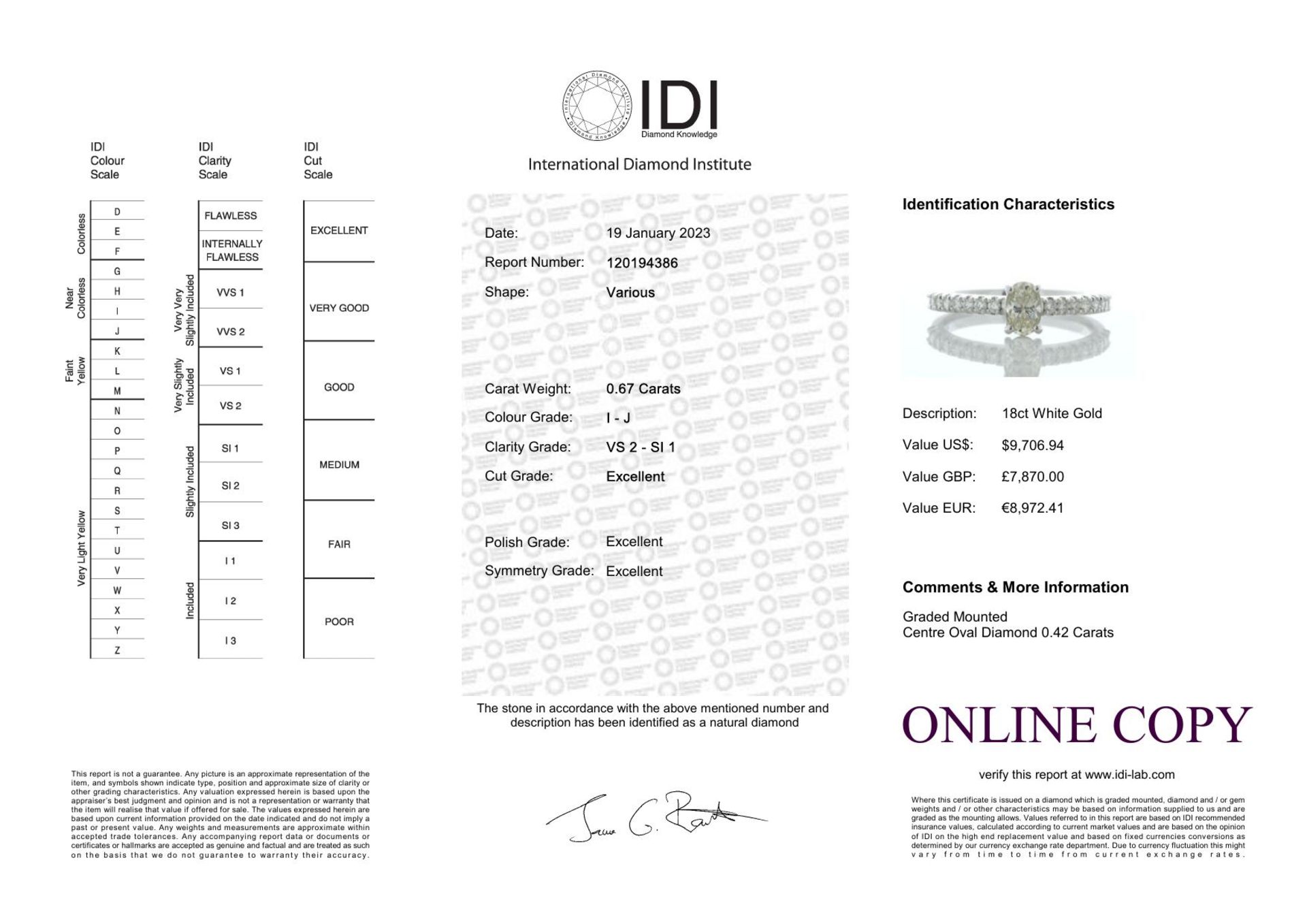 18ct White Gold Single Stone Oval Cut Diamond Ring (0.42) 0.67 Carats - Valued By IDI £7,870.00 - - Image 6 of 6