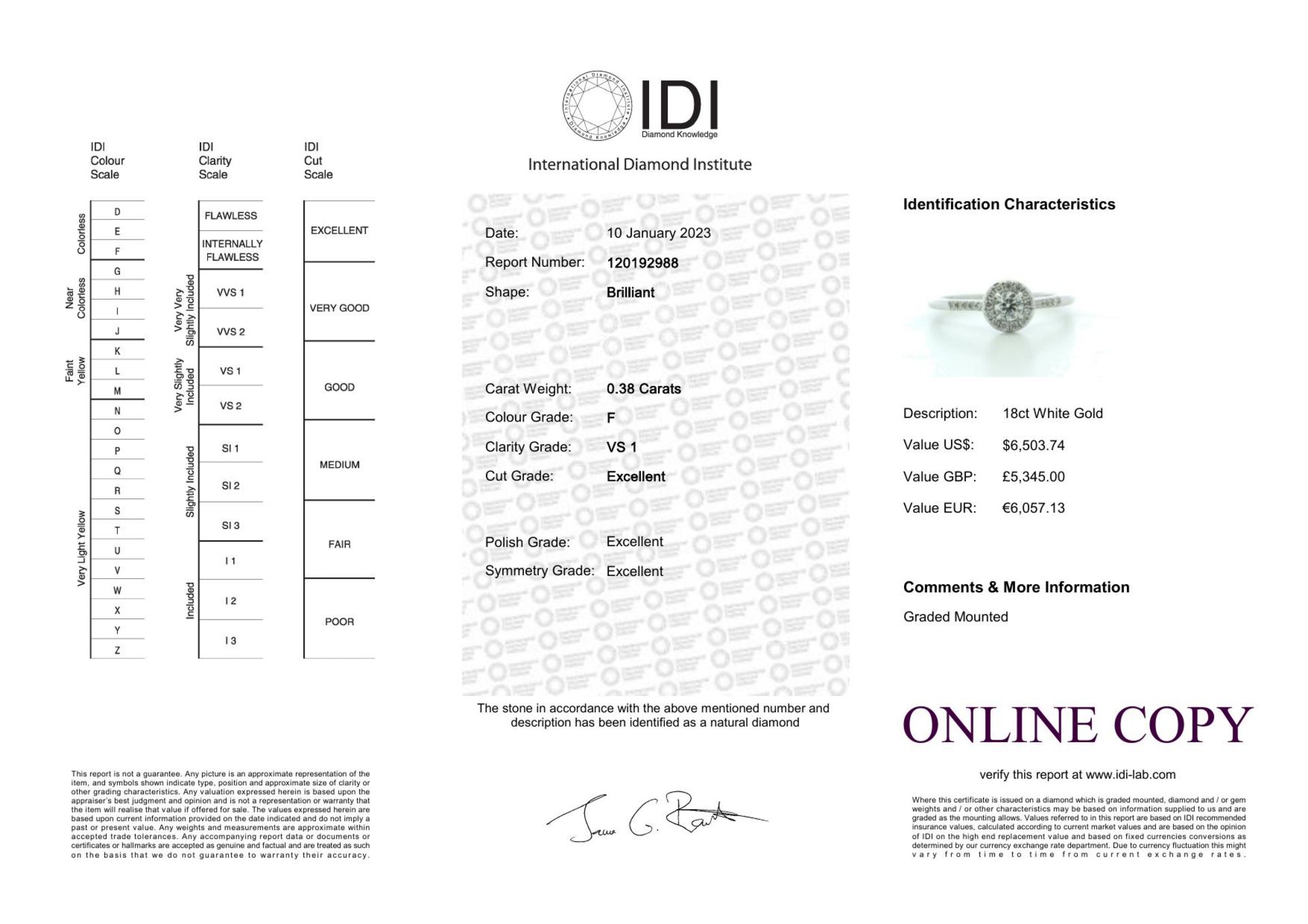 18ct White Gold Halo Set Diamond Ring 0.38 Carats - Valued By IDI £5,345.00 - A sparkling natural - Image 5 of 5