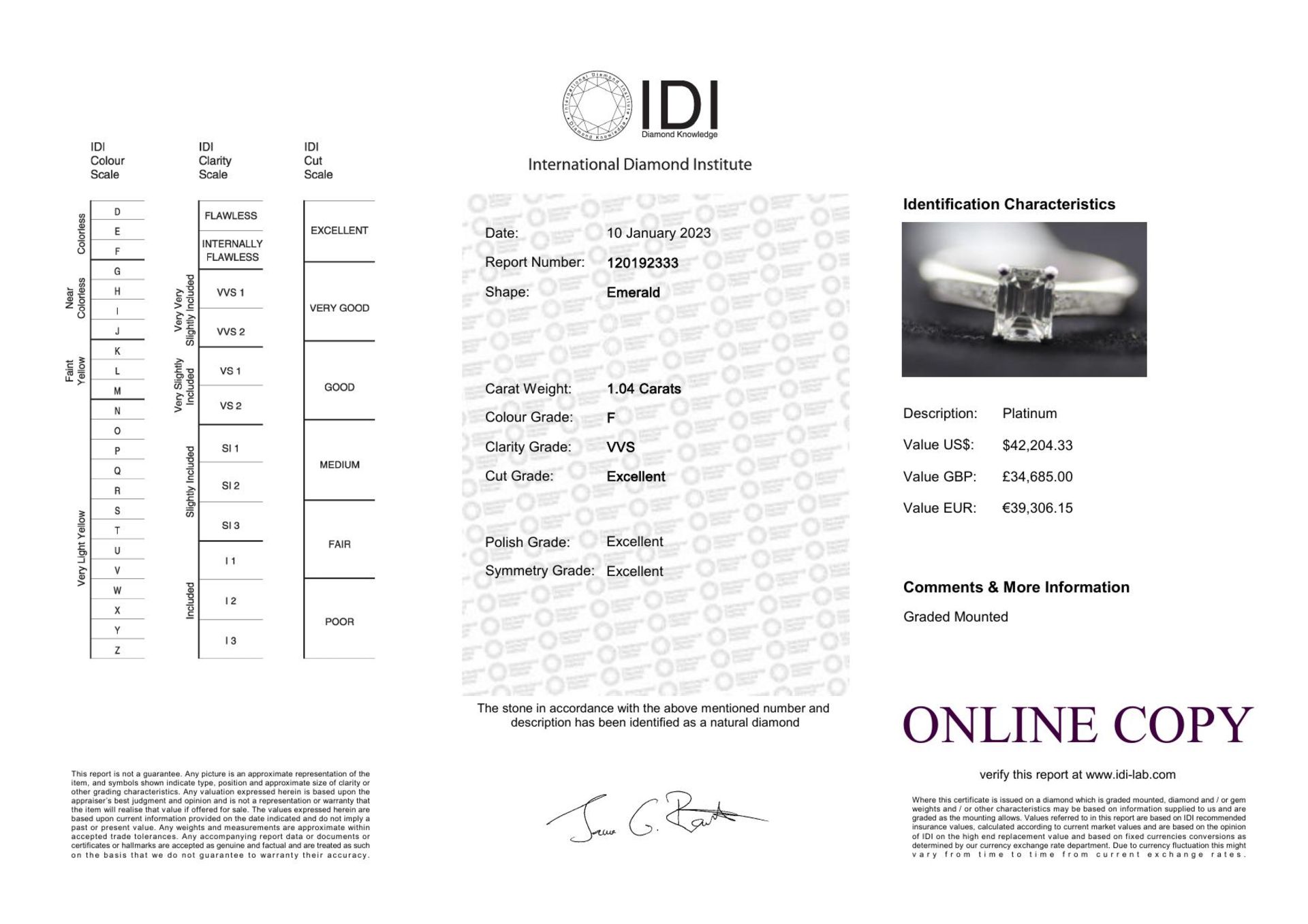 Platinum Single Stone Emerald Cut Diamond Ring 1.04 Carats - Valued By IDI £34,685.00 - An emerald - Image 2 of 2