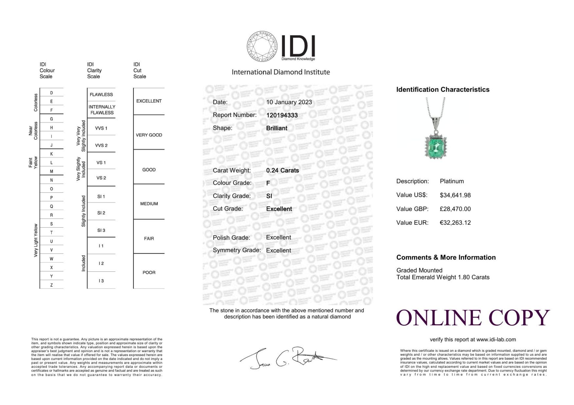 Platinum Diamond And Emerald Pendant (E1.80) 0.24 Carats - Valued By IDI £28,470.00 - A sparkling - Image 5 of 5