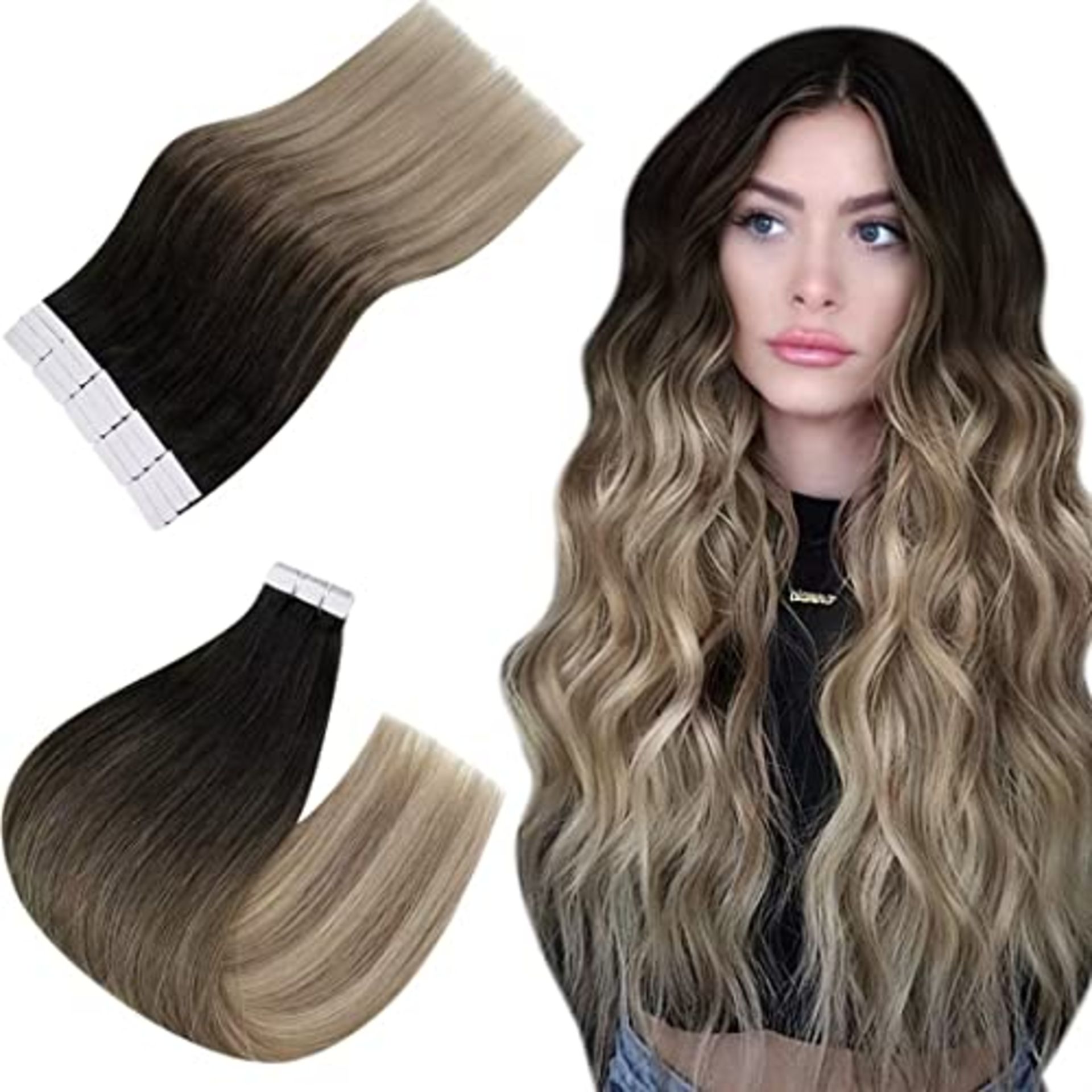 RRP £58.89 Easyouth Real Hair Tape in Extensions Balayage Black - Image 2 of 2