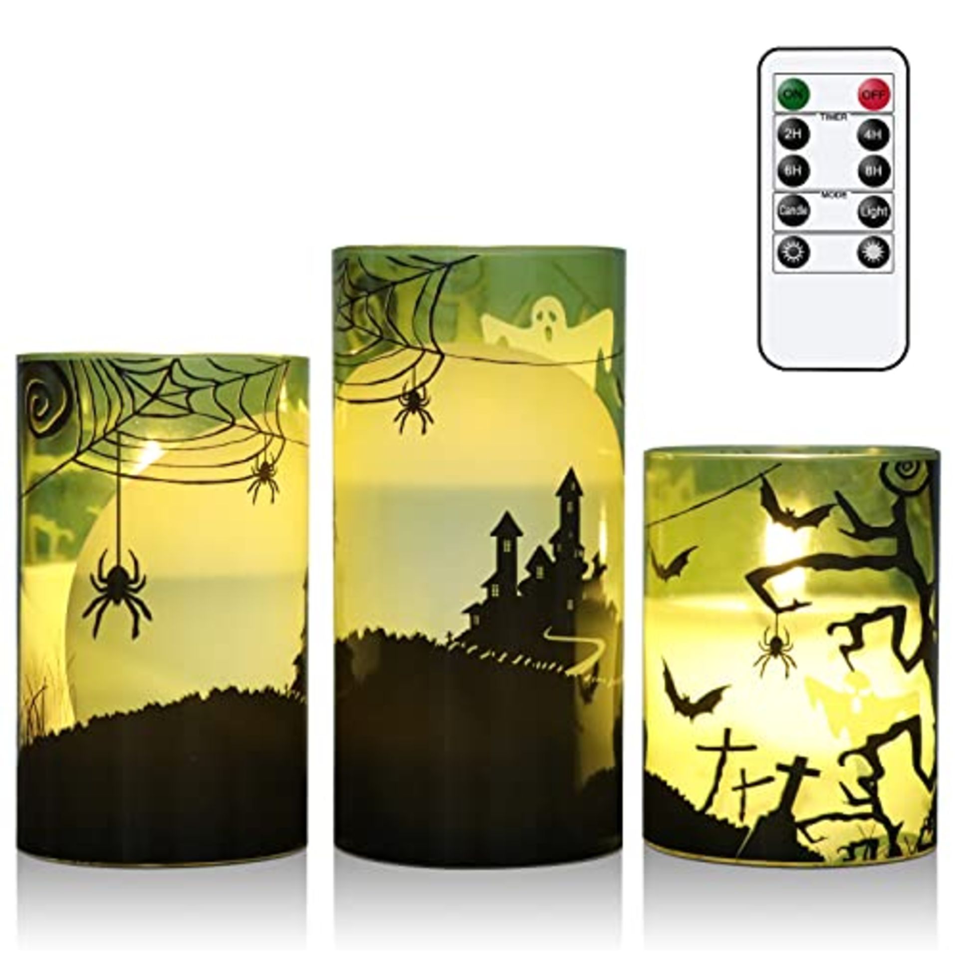 RRP £5.57 Eldnacele Halloween Green Glass Flameless Candles with Remote Timer
