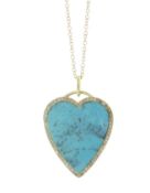 18ct Yellow Gold Diamond And Turquoise Heart Shape Pendant On An 18ct Yellow Gold Chain 18" 0.50