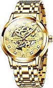 RRP £121.71 OLEVS Mens Automatic Watch Skeleton Gold Diamond Luxury