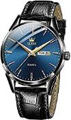 RRP £40.94 OLEVS Men Watch Black Leather Strap Large Blue Face