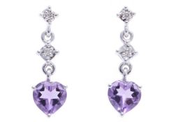 9ct White Gold Amethyst Heart Shape Diamond Earrings - Valued By GIE £2,020.00 - These heart