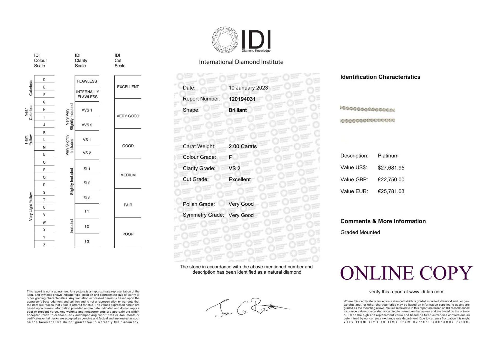 Platinum Tennis Diamond Collarate 2.00 Carats - Valued By IDI £22,750.00 - One hundred and three - Image 2 of 2