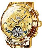 RRP £154.84 OLEVS Men Automatic Watch Gold Skeleton 5 Hands Mechanical