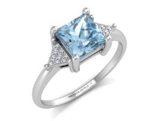 9ct White Gold Diamond And Blue Topaz Ring - Valued By IDI £1,685.00 - A beautiful princess cut blue