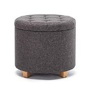 RRP £66.99 HNNHOME 45cm Round Linen Padded Seat Ottoman Storage Stool Box