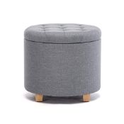 RRP £66.99 HNNHOME 45cm Round Linen Padded Seat Ottoman Storage Stool Box