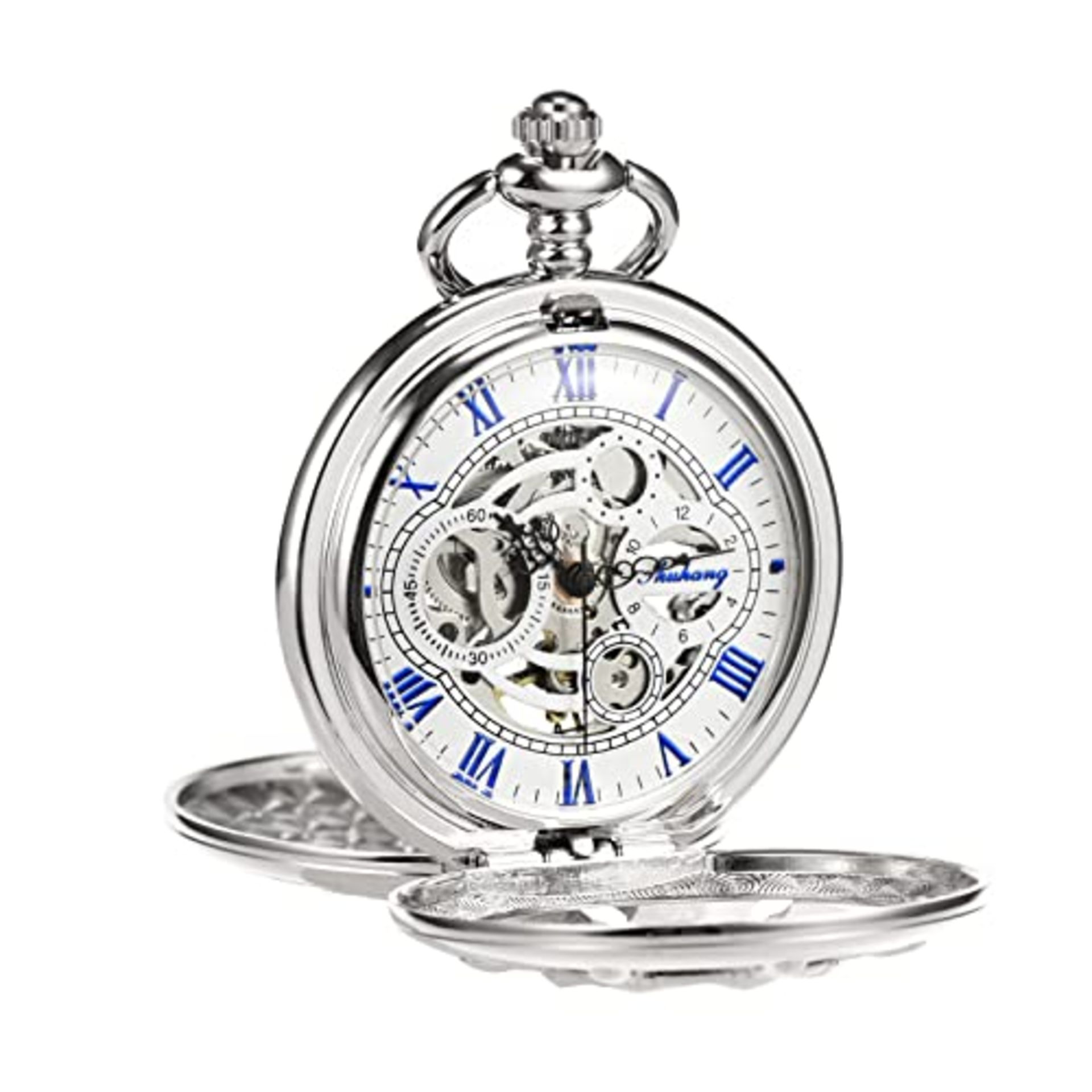 RRP £33.04 TREEWETO Silver Double Cover Roman Numerals Dial Skeleton