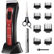 RRP £10.30 Hair Clippers Men Cordless 8 Limited Comb Charging Base Cape Scissors (Red)