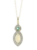 14ct Yellow Gold Marquise Cluster Diamond And Opal Pendant And Chain 0.08 Carats - Valued By IDI £