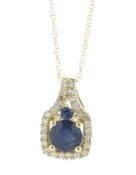14ct Yellow Gold Sapphire With Halo Setting Diamond Pendant And Chain (S0.50) 0.10 Carats - Valued
