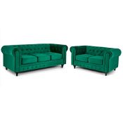 RRP £889.99 Bravich Velvet Chesterfield Sofa- Green. Two & Three Seater Sofa Set