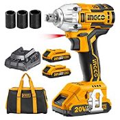 RRP £111.65 INGCO 20V Brushless Lithium-Ion Impact Wrench with 2Pcs 2.0Ah Batteries