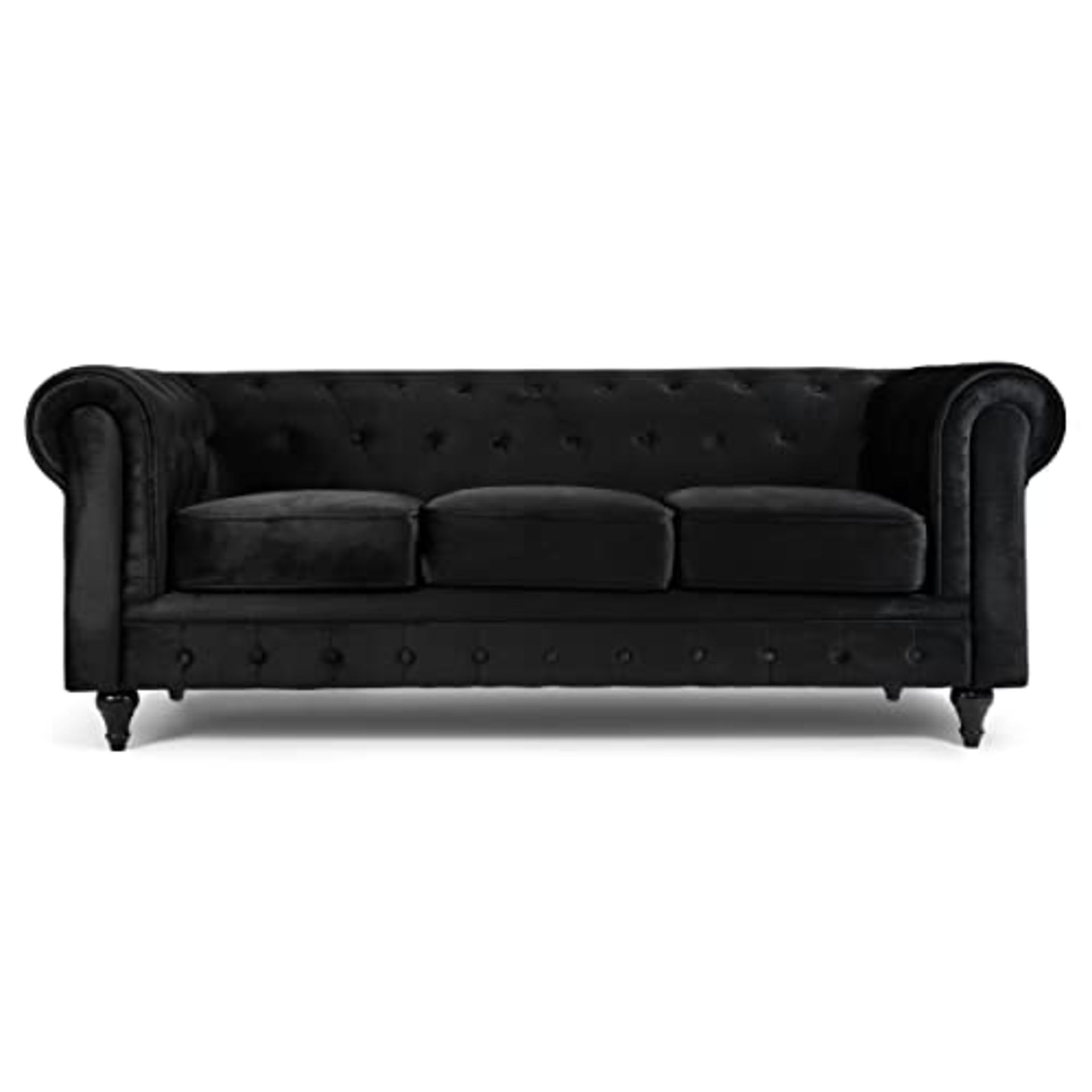 Bravich Velvet Chesterfield Sofa- Black. 3 Seater Settee, Soft Plush ...