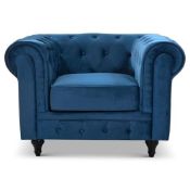 RRP £279.15 Bravich Velvet Chesterfield Armchair- Blue. Single Seater Arm Chair