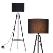 RRP £89.32 Modern Black Lampshade Tripod Floor Table Lamp with Wood Legs