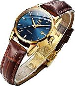 RRP £38.70 OLEVS Ladies Watch Brown Leather Strap Blue Face Business