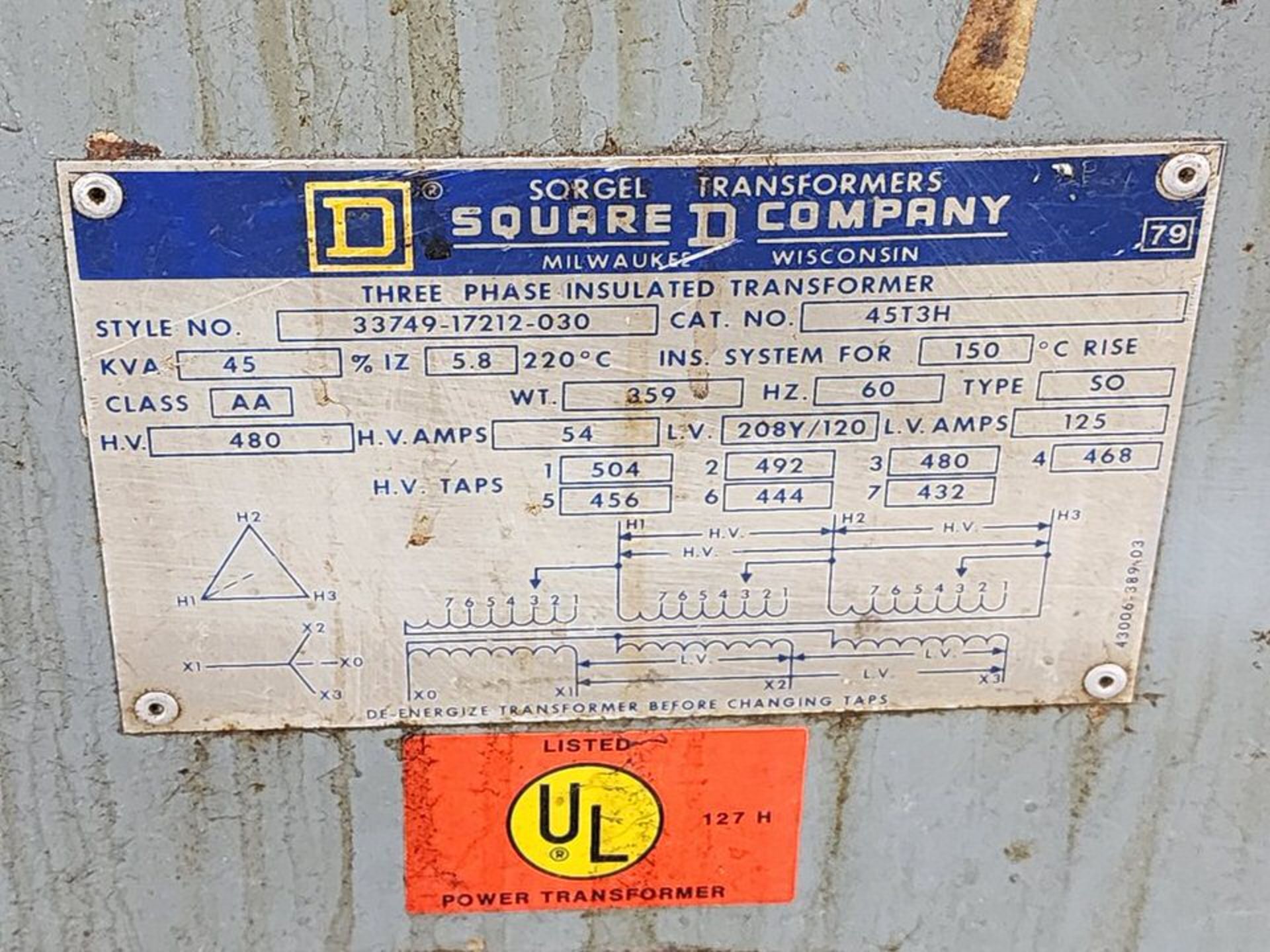 Square D Transformer 45KVA, 3PH, 480H.V. 208Y/120 L.V., 60HZ, 125A - Image 4 of 4