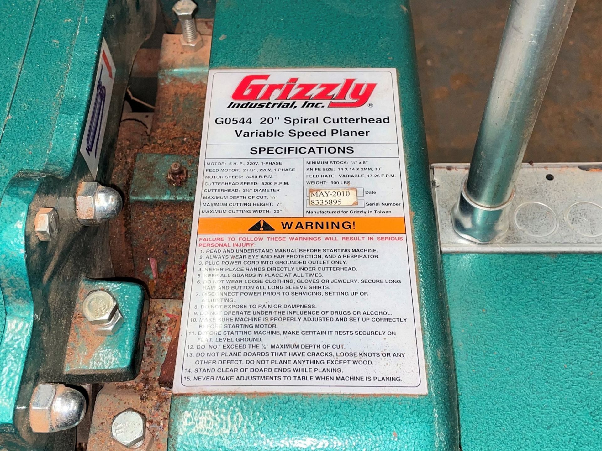 Grizzly Mdl. G0544 20" 5HP Pro Spiral Cutterhead Variable Speed Planer - Image 8 of 8