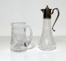 A Cut Glass Engraved Water Jug and A Wine Pourer with Silver Plated Mount