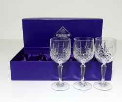 3 Edinburgh Crystal Cut Glass Wine Glasses in lined presentation case