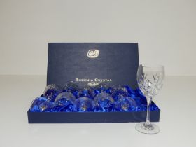 6 Bohemia Crystal Cut Glass Wine Glasses in lined presentation case