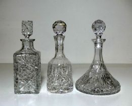 3 Cut Glass Decanters - with stoppers, 1 chipped